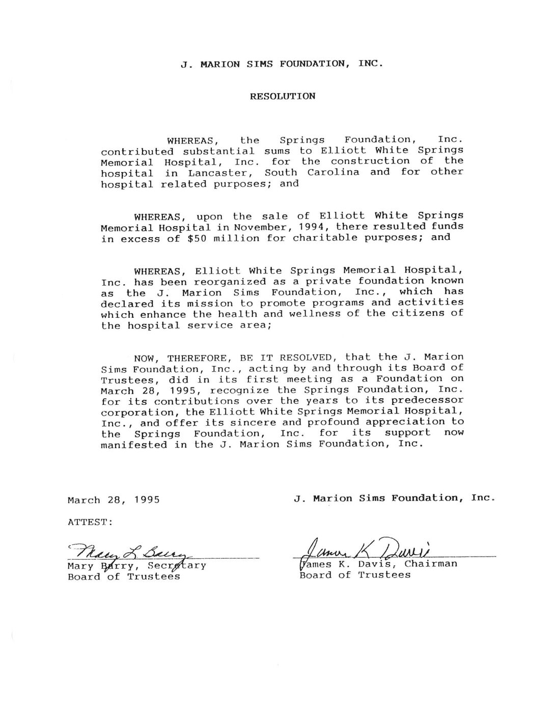 Resolution creating foundation, March 1995