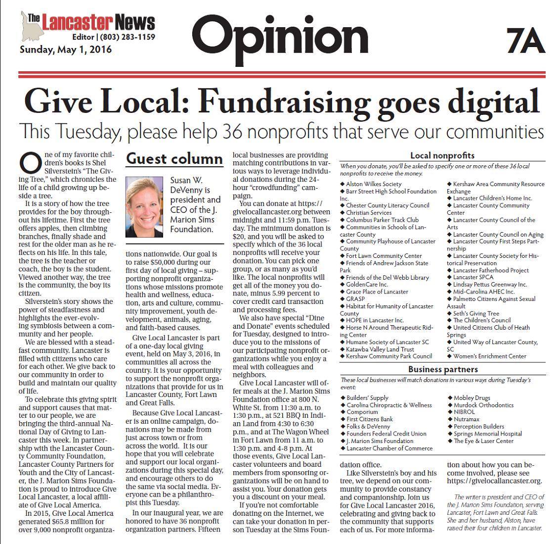 News clipping of Give Local Lancaster initiative, May 2016